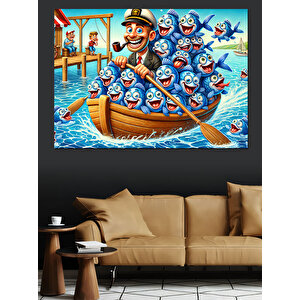 Balıklarla Dolu Renkli Kayık Dekoratif Kanvas - Mdf Ahşap Tablo 100x140 cm