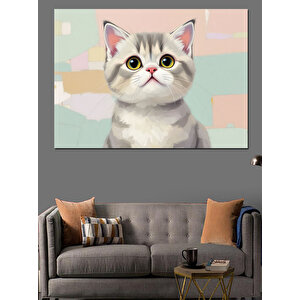 Sevimli Gri Kedi Dekoratif Kanvas - Mdf Ahşap Tablo 100x140 cm