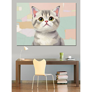 Sevimli Gri Kedi Dekoratif Kanvas - Mdf Ahşap Tablo 100x140 cm