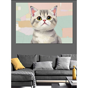Sevimli Gri Kedi Dekoratif Kanvas - Mdf Ahşap Tablo 100x140 cm