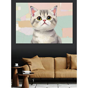 Sevimli Gri Kedi Dekoratif Kanvas - Mdf Ahşap Tablo