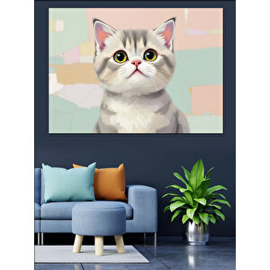 Sevimli Gri Kedi Dekoratif Kanvas - Mdf Ahşap Tablo