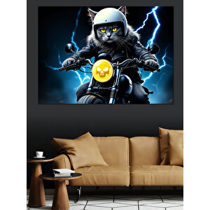 Motosikletli Kedi Sürücü Dekoratif Kanvas - Mdf Ahşap Tablo 35x50 cm