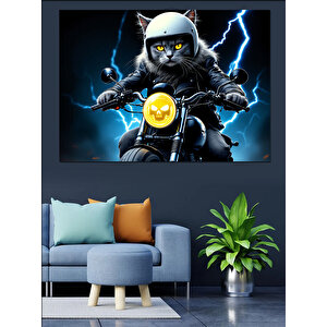 Motosikletli Kedi Sürücü Dekoratif Kanvas - Mdf Ahşap Tablo 35x50 cm