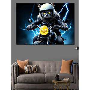 Motosikletli Kedi Sürücü Dekoratif Kanvas - Mdf Ahşap Tablo 35x50 cm