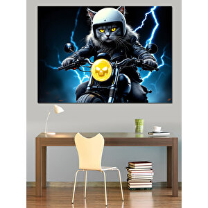 Motosikletli Kedi Sürücü Dekoratif Kanvas - Mdf Ahşap Tablo