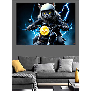 Motosikletli Kedi Sürücü Dekoratif Kanvas - Mdf Ahşap Tablo