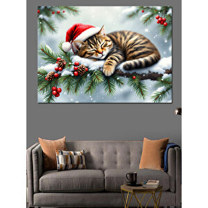Noel Şapkalı Uykucu Kedi Dekoratif Kanvas - Mdf Ahşap Tablo 25x35 cm