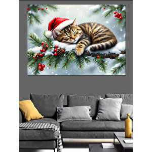 Noel Şapkalı Uykucu Kedi Dekoratif Kanvas - Mdf Ahşap Tablo 25x35 cm