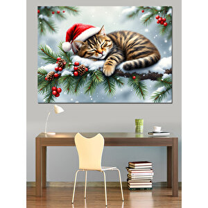 Noel Şapkalı Uykucu Kedi Dekoratif Kanvas - Mdf Ahşap Tablo 50x70 cm