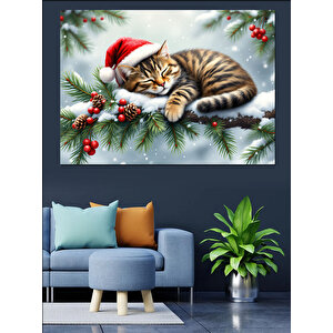 Noel Şapkalı Uykucu Kedi Dekoratif Kanvas - Mdf Ahşap Tablo