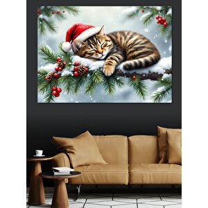 Noel Şapkalı Uykucu Kedi Dekoratif Kanvas - Mdf Ahşap Tablo