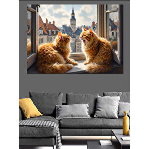 Pencerede İki Sarı Kedi Dekoratif Kanvas - Mdf Ahşap Tablo