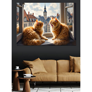 Pencerede İki Sarı Kedi Dekoratif Kanvas - Mdf Ahşap Tablo
