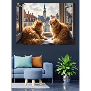 Pencerede İki Sarı Kedi Dekoratif Kanvas - Mdf Ahşap Tablo 100x140 cm