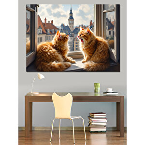 Pencerede İki Sarı Kedi Dekoratif Kanvas - Mdf Ahşap Tablo 100x140 cm