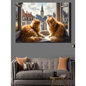 Pencerede İki Sarı Kedi Dekoratif Kanvas - Mdf Ahşap Tablo 35x50 cm