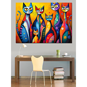Renkli Soyut Kediler Dekoratif Kanvas - Mdf Ahşap Tablo 50x70 cm