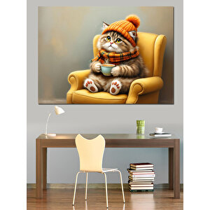 Atkılı Sandalyede Oturan Kedi Dekoratif Kanvas - Mdf Ahşap Tablo