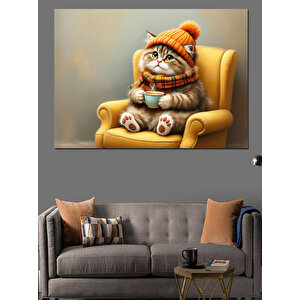 Atkılı Sandalyede Oturan Kedi Dekoratif Kanvas - Mdf Ahşap Tablo