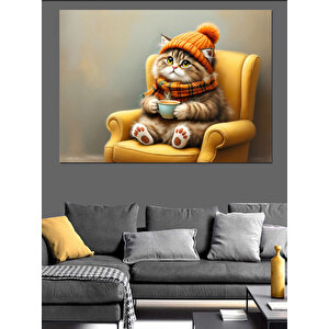 Atkılı Sandalyede Oturan Kedi Dekoratif Kanvas - Mdf Ahşap Tablo 50x70 cm