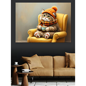Atkılı Sandalyede Oturan Kedi Dekoratif Kanvas - Mdf Ahşap Tablo 50x70 cm