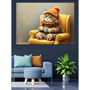 Atkılı Sandalyede Oturan Kedi Dekoratif Kanvas - Mdf Ahşap Tablo 50x70 cm