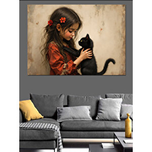 Kedi Seven Kız Dekoratif Kanvas - Mdf Ahşap Tablo 35x50 cm