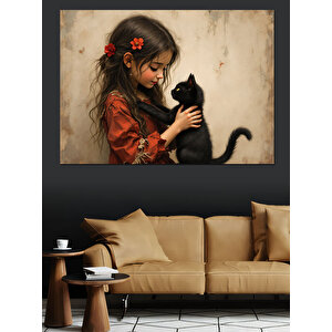 Kedi Seven Kız Dekoratif Kanvas - Mdf Ahşap Tablo 35x50 cm