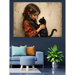 Kedi Seven Kız Dekoratif Kanvas - Mdf Ahşap Tablo 35x50 cm