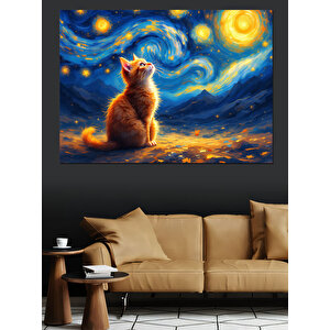 Yıldızlı Kedi Manzarası Dekoratif Kanvas - Mdf Ahşap Tablo