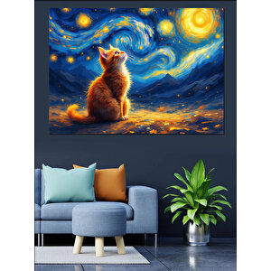 Yıldızlı Kedi Manzarası Dekoratif Kanvas - Mdf Ahşap Tablo
