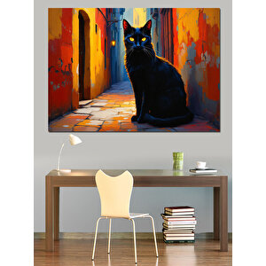 Sokaktaki Siyah Kedi Dekoratif Kanvas - Mdf Ahşap Tablo 25x35 cm