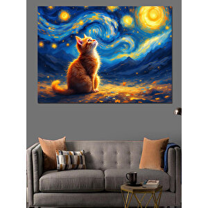 Yıldızlı Kedi Manzarası Dekoratif Kanvas - Mdf Ahşap Tablo 100x140 cm