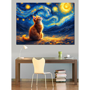 Yıldızlı Kedi Manzarası Dekoratif Kanvas - Mdf Ahşap Tablo 100x140 cm