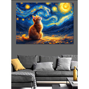 Yıldızlı Kedi Manzarası Dekoratif Kanvas - Mdf Ahşap Tablo 100x140 cm