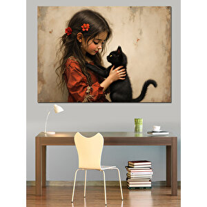 Kedi Seven Kız Dekoratif Kanvas - Mdf Ahşap Tablo