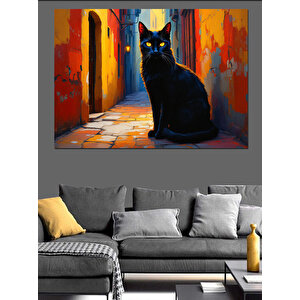 Sokaktaki Siyah Kedi Dekoratif Kanvas - Mdf Ahşap Tablo