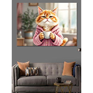 Çay Tutan Kedi Dekoratif Kanvas - Mdf Ahşap Tablo 35x50 cm