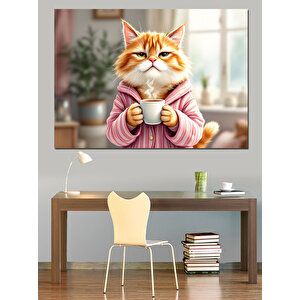 Çay Tutan Kedi Dekoratif Kanvas - Mdf Ahşap Tablo 35x50 cm