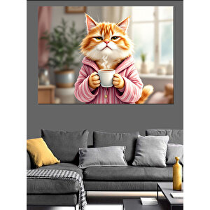 Çay Tutan Kedi Dekoratif Kanvas - Mdf Ahşap Tablo 35x50 cm