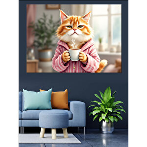 Çay Tutan Kedi Dekoratif Kanvas - Mdf Ahşap Tablo