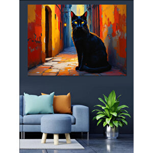 Sokaktaki Siyah Kedi Dekoratif Kanvas - Mdf Ahşap Tablo 70x100 cm