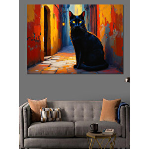 Sokaktaki Siyah Kedi Dekoratif Kanvas - Mdf Ahşap Tablo 70x100 cm