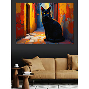 Sokaktaki Siyah Kedi Dekoratif Kanvas - Mdf Ahşap Tablo