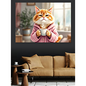 Çay Tutan Kedi Dekoratif Kanvas - Mdf Ahşap Tablo