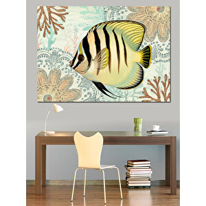 Desenli Balık Turkuaz Zeminde Dekoratif Kanvas - Mdf Ahşap Tablo 70x100 cm