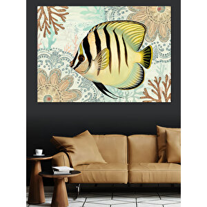 Desenli Balık Turkuaz Zeminde Dekoratif Kanvas - Mdf Ahşap Tablo