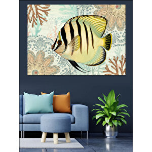 Desenli Balık Turkuaz Zeminde Dekoratif Kanvas - Mdf Ahşap Tablo