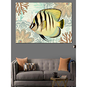 Desenli Balık Turkuaz Zeminde Dekoratif Kanvas - Mdf Ahşap Tablo 100x140 cm